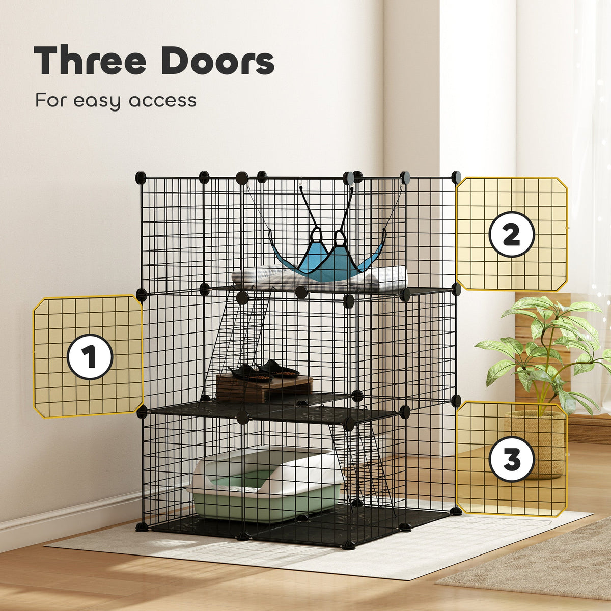PawHut Indoor Cat Cage DIY Customizable 3-Tier Indoor Cat Enclosure with 3 Doors and Hammock 105 cm Black