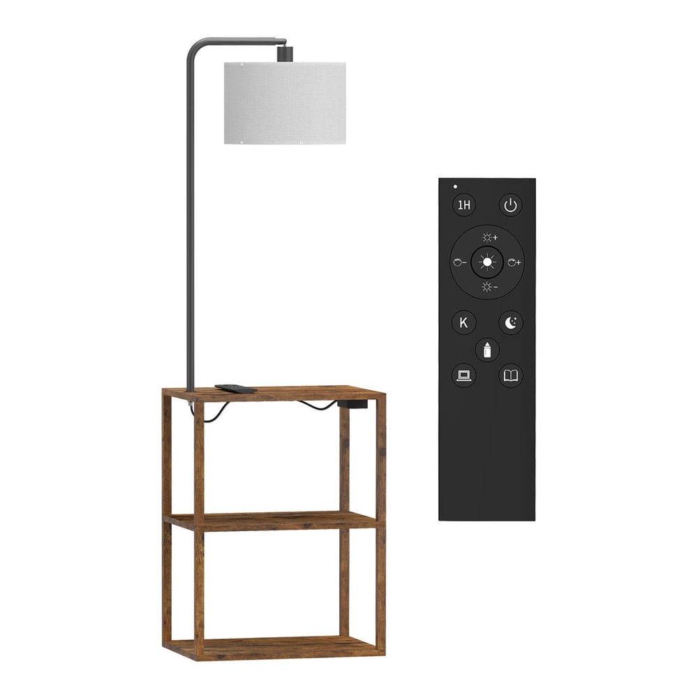 HOMCOM Dimmable Floor Lamp with Shelves, Charging Station, 3-Tier Storage Table, Adjustable Fabric Lampshade, Rustic Brown