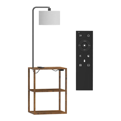 HOMCOM Dimmable Floor Lamp with Shelves, Charging Station, 3-Tier Storage Table, Adjustable Fabric Lampshade, Rustic Brown