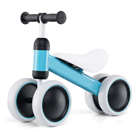 No Pedal Baby 4 Wheels Balance Bike in blue with a white seat and black handlebars