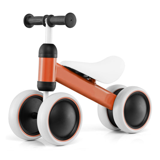 No Pedal Baby 4 Wheels Balance Bike in orange with a white seat and black handlebars