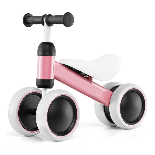 No Pedal Baby 4 Wheels Balance Bike in pink with a white seat and black handlebars