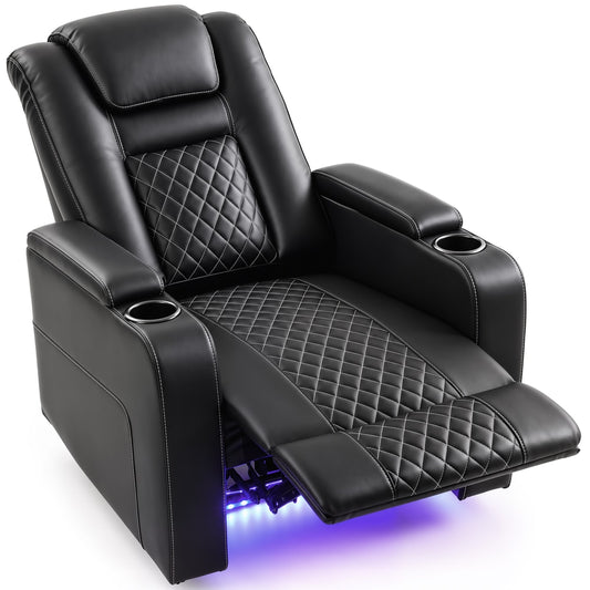 HOMCOM Electric Recliner Chair, Air Leather Recliner Armchair with LED Light, Wide Spring Cushion, USB-A and USB-C Ports, Black