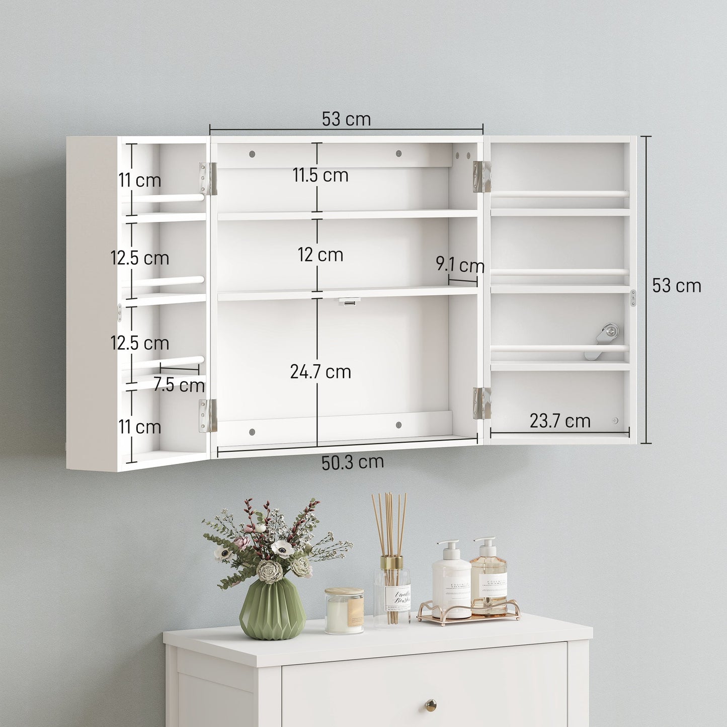HOMCOM Wall Mount Medicine Cabinet with Key Lock, 3 Tier First Aid Cabinet with 2 Doors and 11 Storage Compartments, White
