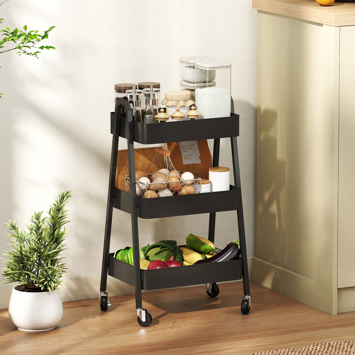 HOMCOM Three-Tier Storage Trolley in Black