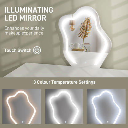 HOMCOM LED Lighted Dressing Table with Leaf Shape Mirror, Modern Vanity Desk with 5 Drawers, Makeup Desk with Fluted Panels, White