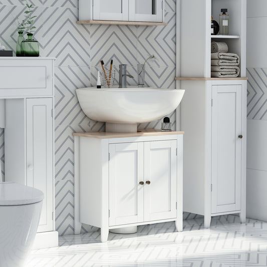 kleankin Under Sink Cabinet, Bathroom Sink Cabinet with 2 Doors, Pedestal Under Sink Design, Freestanding Bathroom Cupboard with Adjustable Shelf, White