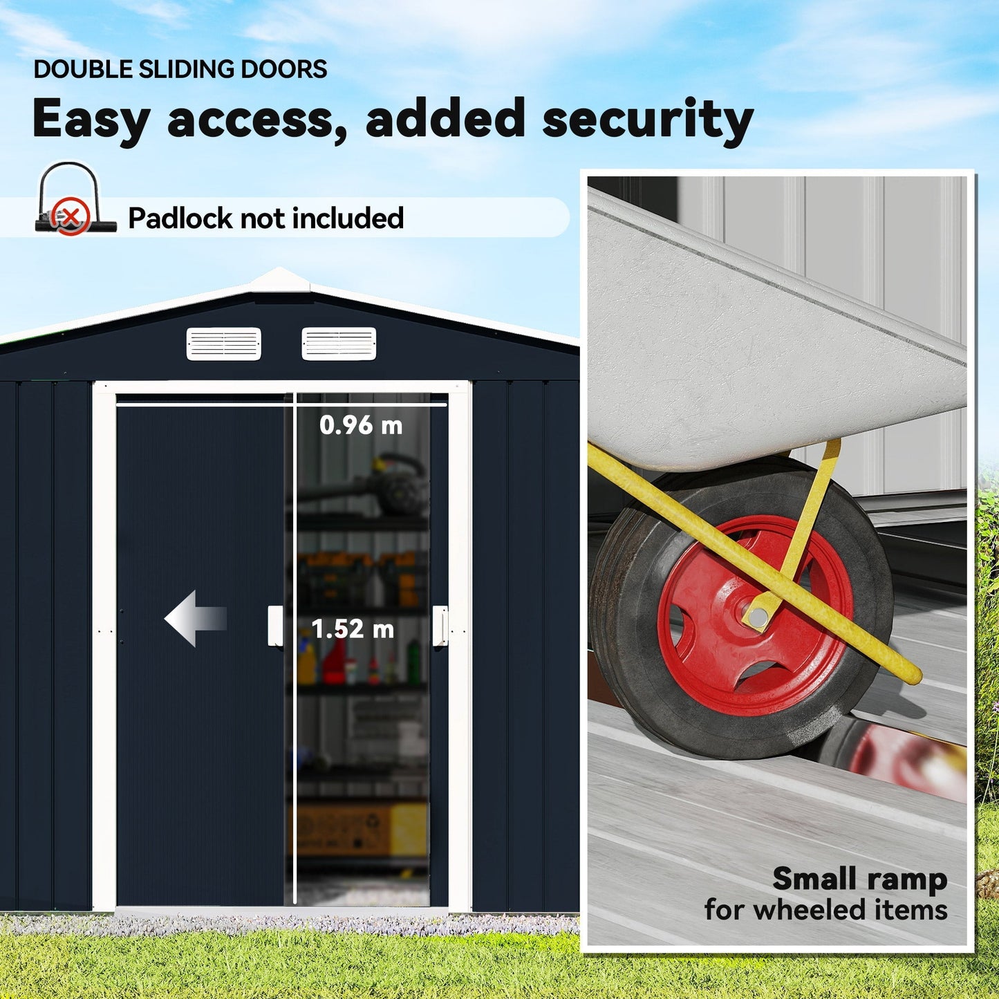 حظيرة دراجات معدنية من Outsunny مقاس 9 × 6 قدم، بيت أدوات تخزين خارجي بفتحات تهوية، طقم أساسات وأبواب مزدوجة قابلة للقفل، رمادي داكن