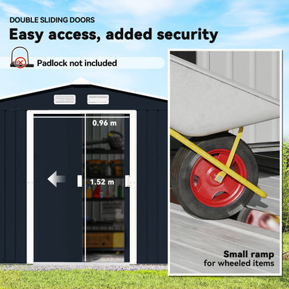 حظيرة دراجات معدنية من Outsunny مقاس 9 × 6 قدم، بيت أدوات تخزين خارجي بفتحات تهوية، طقم أساسات وأبواب مزدوجة قابلة للقفل، رمادي داكن