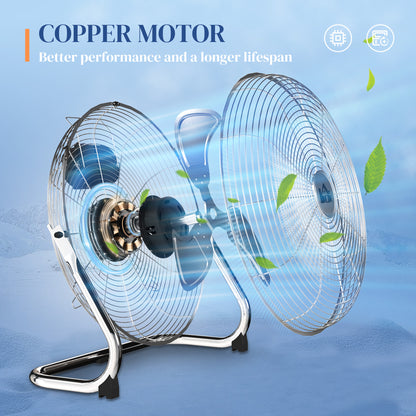 HOMCOM 20 Inches Chrome Metal Floor Fan, High Velocity 3-Speed Home Gym with Adjustable Head, Portable Desk & Table Fan Air Circulator for Home Office, Powerful Airflow, Quiet Operation
