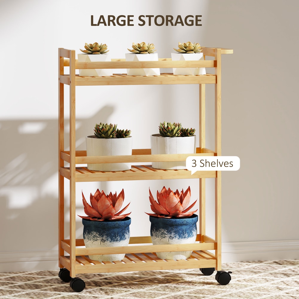 HOMCOM 3-Tier Bamboo Storage Trolley on Wheels in a Natural Wood Finish