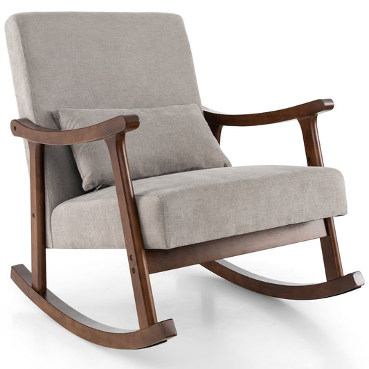 Nursery Rocking Accent Chair Rocker Armchair with rubber wood armrests in grey fabric