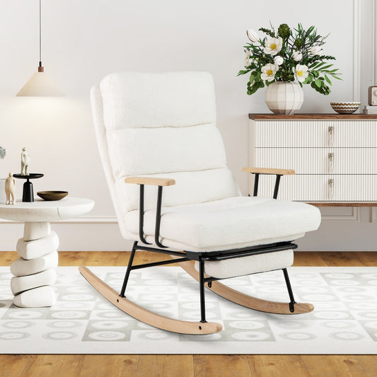 White teddy velvet rocking chair in a modern living room with a side table