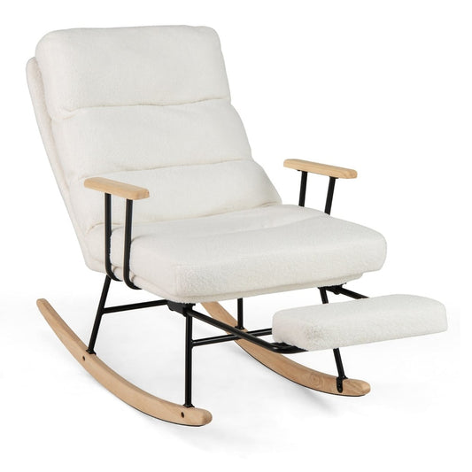 Nursery Rocking Chair in white teddy velvet with wooden armrests and a footrest