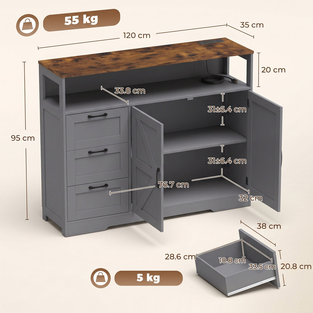 HOMCOM Sideboard Cabinet with Power Outlet in Grey