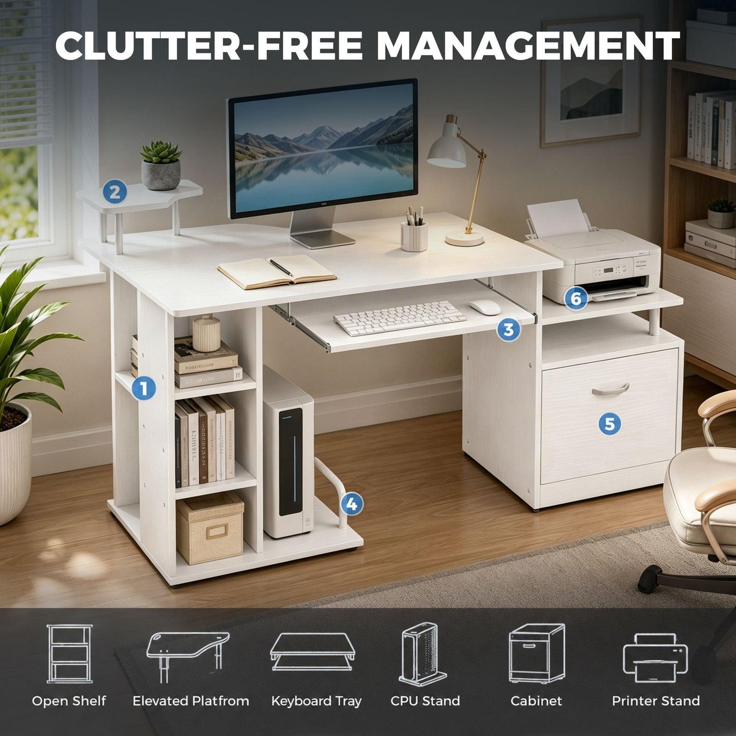 HOMCOM Computer Desk with Drawer Shelves CPU Storage Rack White
