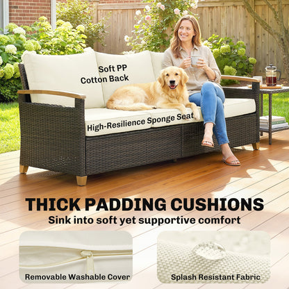 Outsunny 3 Seater Rattan Garden Sofa, PE Wicker Outdoor Sofa Wide Deep Seat, 4" Cushions, Wood-Effect Armrests Legs, Brown