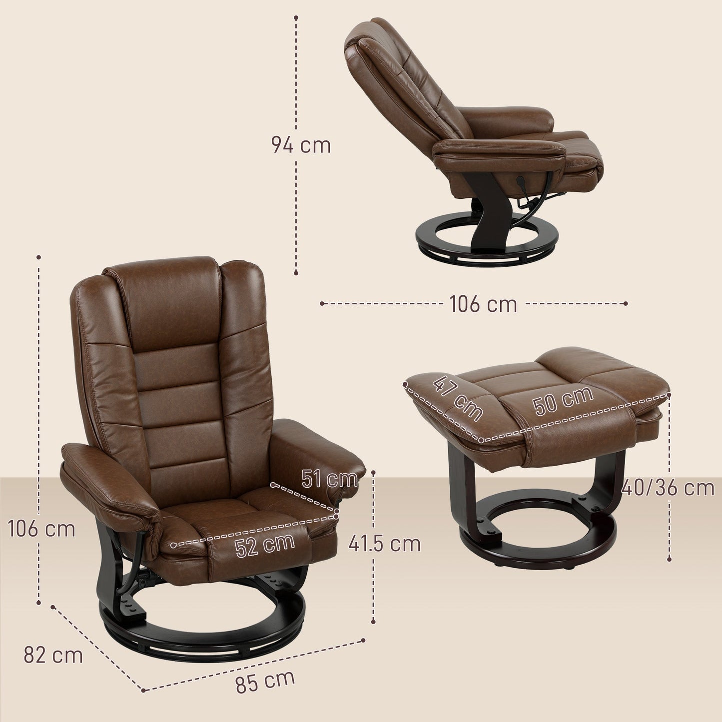 HOMCOM Faux Leather 135 degrees Reclining Chair and Footstool - Brown