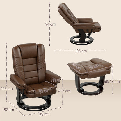 HOMCOM Faux Leather 135 degrees Reclining Chair and Footstool - Brown
