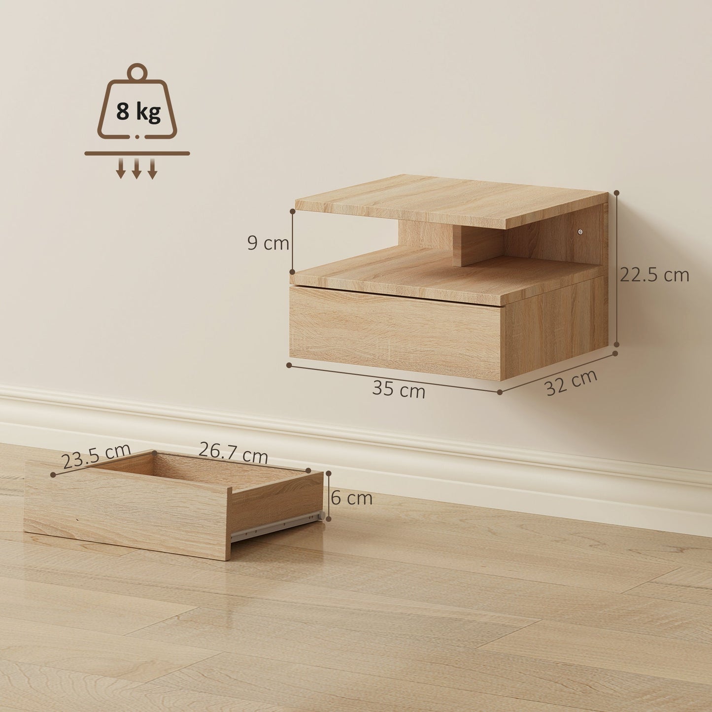 HOMCOM Set of Two Floating Bedside Tables - Oak