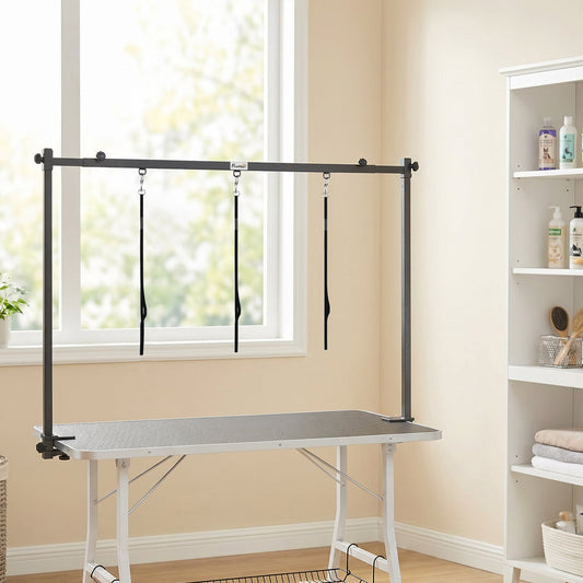 PawHut Dog Grooming Arm Adjustable H-Shape Dog Grooming Table Arm with Clamp and 3 Nooses Black