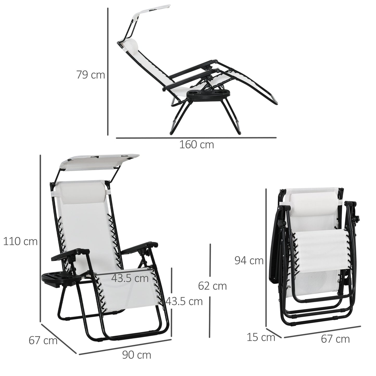Outsunny 2 Piece Foldable Reclining Garden Chair with Headrest, Zero Gravity Deck Sun Lounger Seat Chair with Footrest, Armrest, Cup Holder & Canopy Shade, White