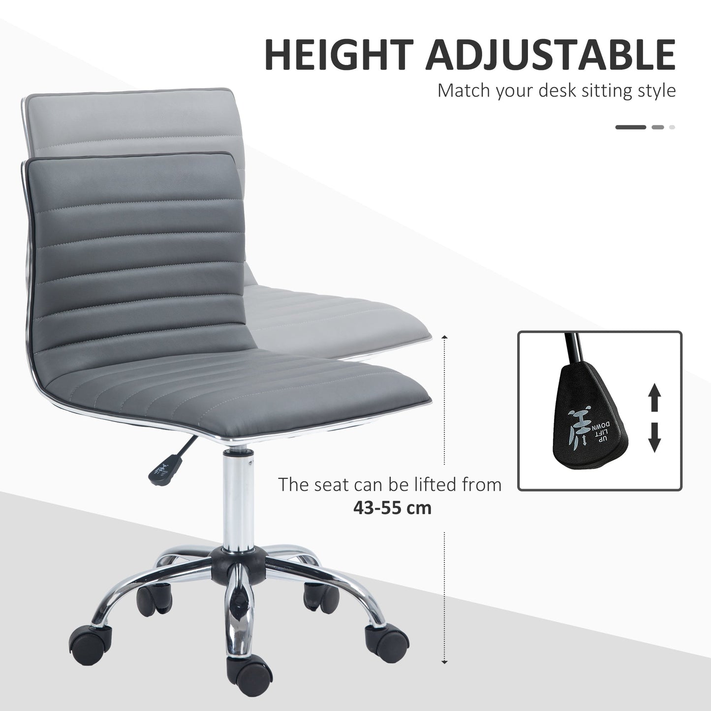 HOMCOM Armless Task Desk Chair, Swivel Office Chair with Faux Leather, Adjustable Seat Height, Chrome Base, Wheels for Home, Dark Grey