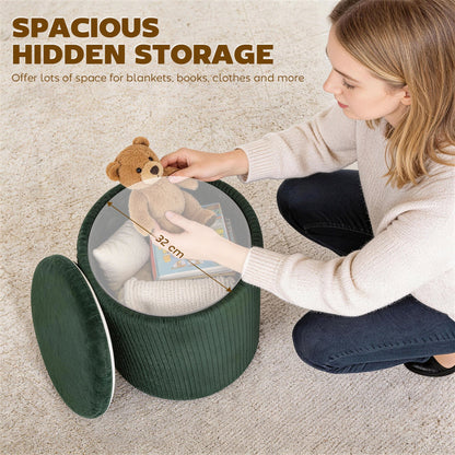 HOMCOM Storage Ottoman مسند قدم دائري عصري مخملي لغرفة المعيشة وغرفة النوم 45 سم أخضر داكن