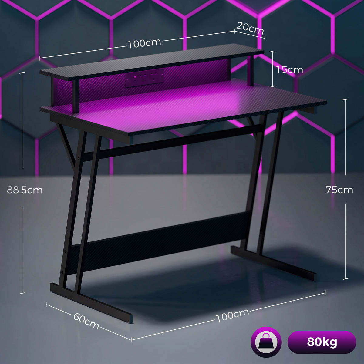 HOMCOM Two-Level LED Gaming Desk in Black
