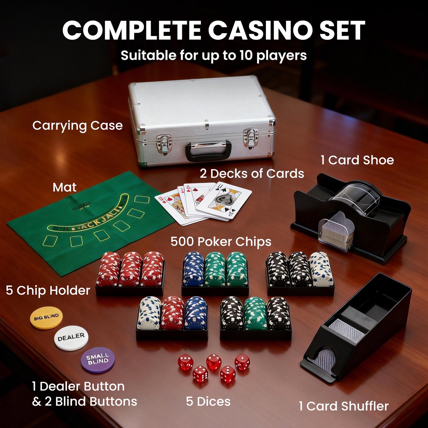 SPORTNOW 500-Piece Poker Chips Set with Card Shuffler, Card Shoe, Case, Casino Texas Holdem Poker Set with Mat, Silver Tone