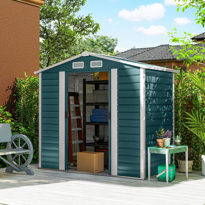 مظلة حديقة Outsunny مقاس 7 × 4 قدم، سهلة التجميع، إطار فولاذي مجلفن مطور مع مجموعة أساسات، أبواب مزدوجة بقفل، مظلة معدنية خارجية بفتحات تهوية وقفازات، مظلة تخزين للحديقة، أخضر