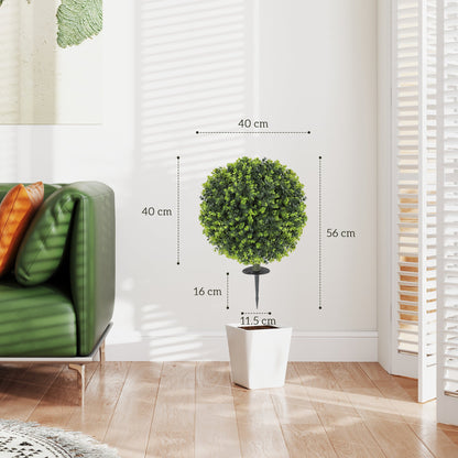HOMCOM Set of 2 40 cm Artificial Boxwood Topiary Ball Bush with Integrated Ground Stake, Eucalyptus Leaves, Indoor Outdoor UV Resistant Faux Greenery, Faux Plants for Garden, Porch, Balcony