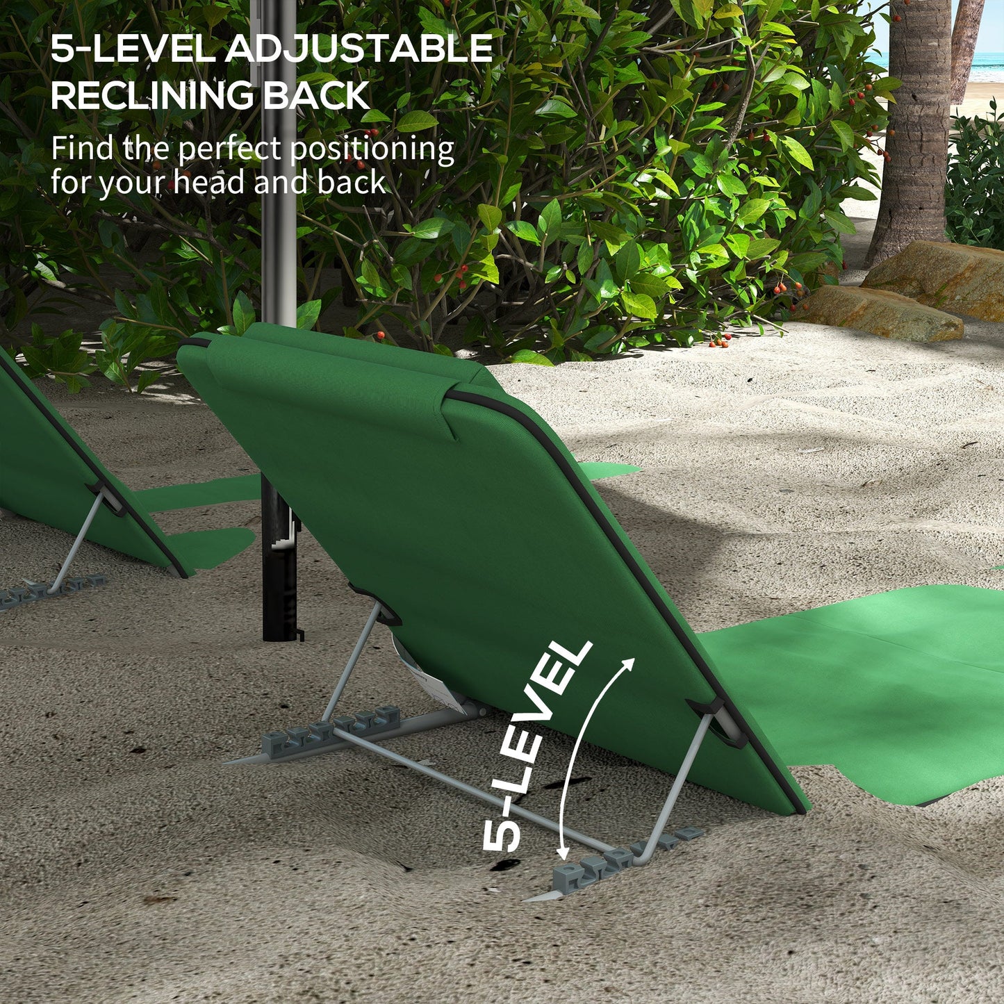 Outsunny Set of Two Metal Frame Beach Chairs, with Reclining Backs - Green