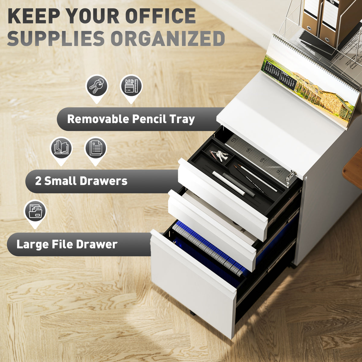 Vinsetto 3-Drawer Steel Filing Cabinet with Lock and Wheels in White