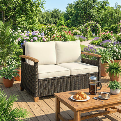 Outsunny 2 Seater Rattan Garden Sofa, Outdoor Sofa with Thickened Cushions and Acacia Wood Armrests, Brown