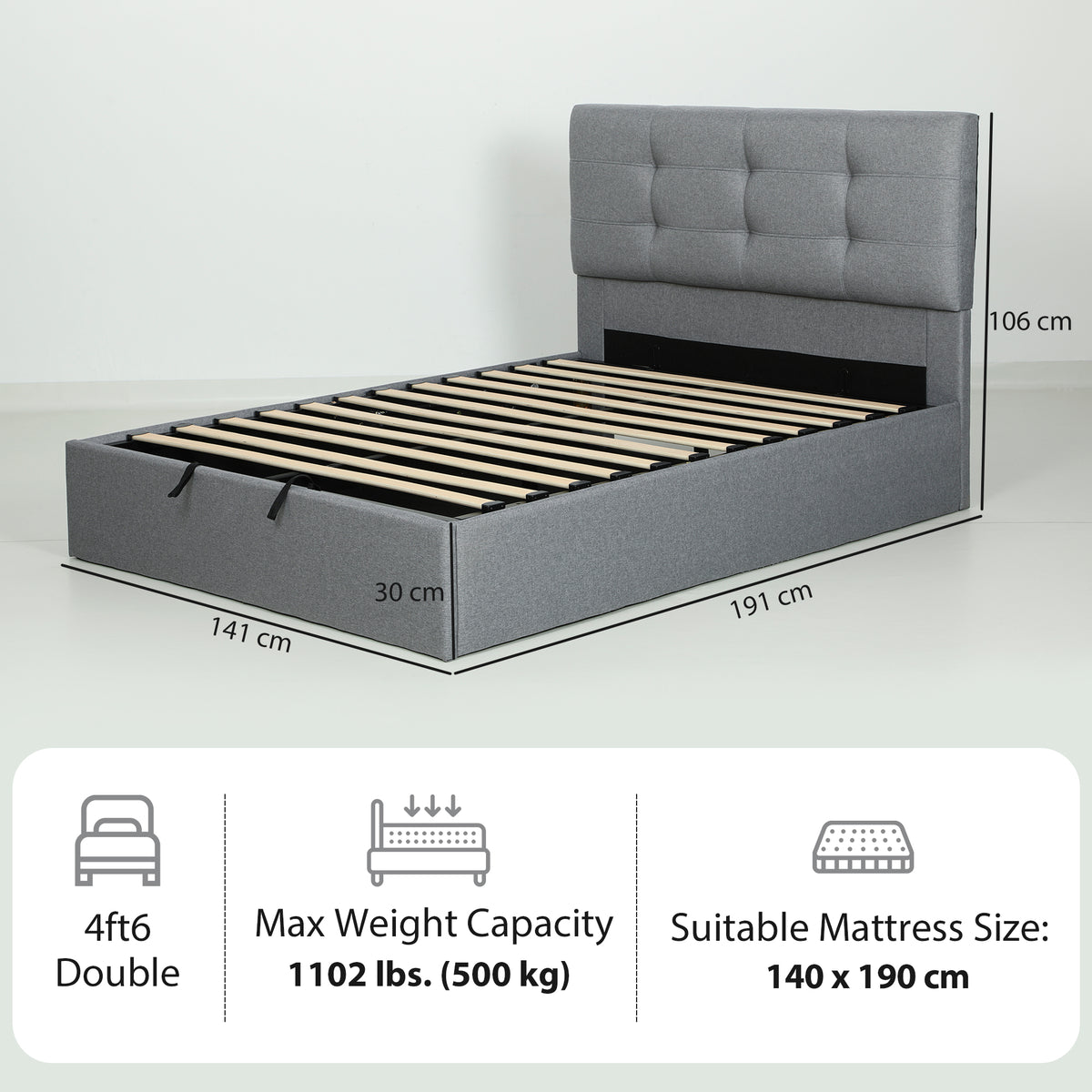 HOMCOM 4ft6 Double Ottoman Bed with Gas Lift Storage in Grey