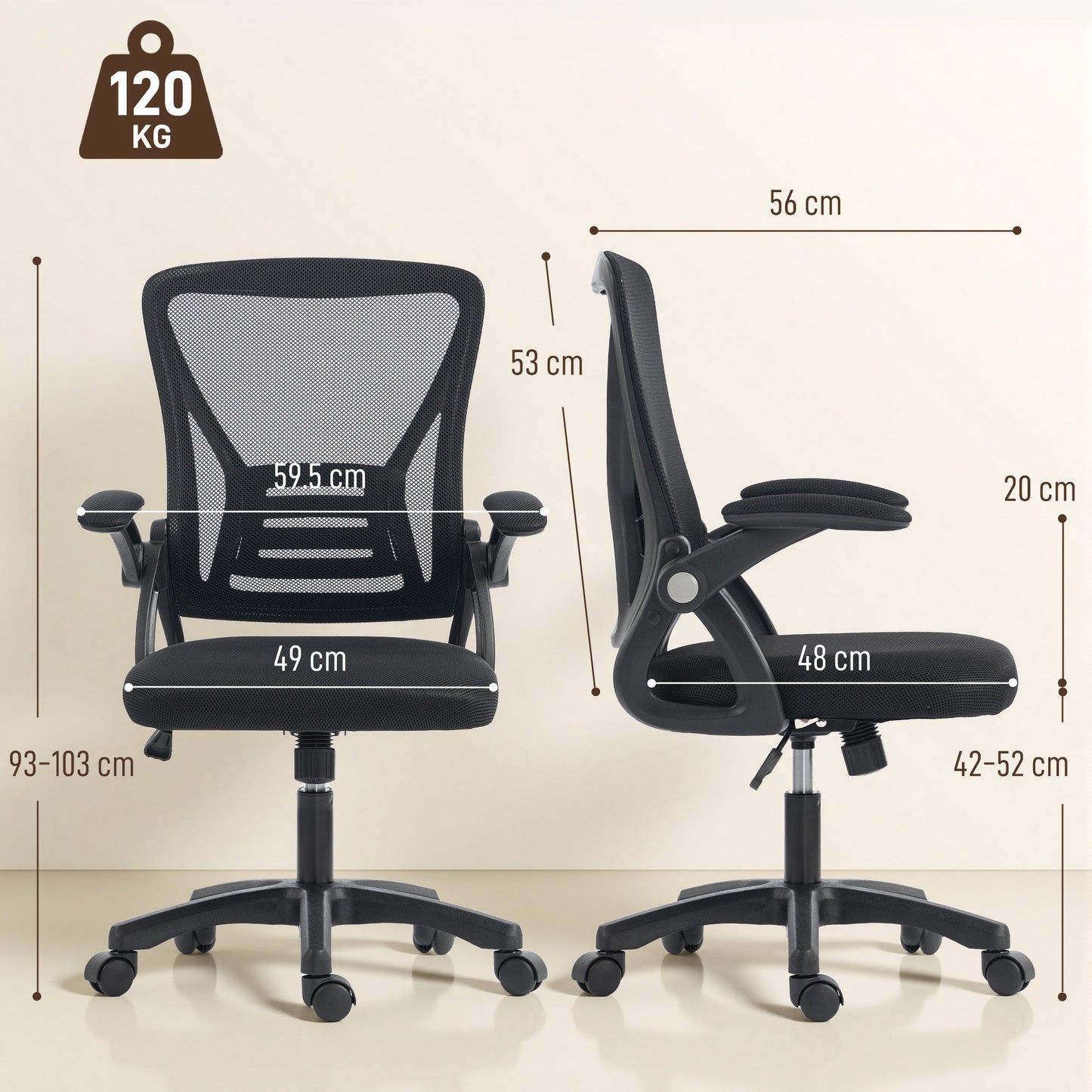 HOMCOM Office Chair, Mesh Desk Chair with Flip-up Armrests, Lumbar Support, Adjustable Height, Black