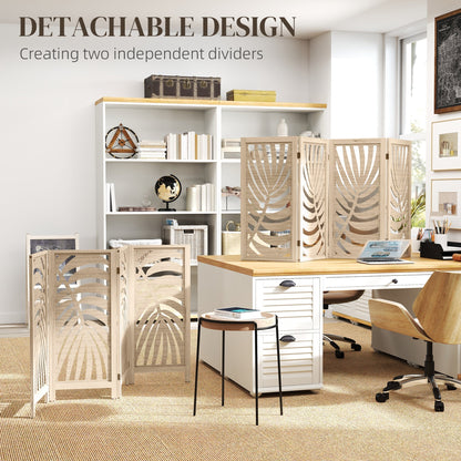 HOMCOM 4 Panel Privacy Screens, Detachable Folding Room Divider with Palm Leaf Design for Home Office, Natural Wood Finish