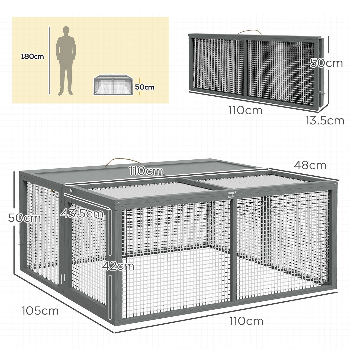 PawHut Folding Rabbit Run Wooden Large Rabbit Hutch for 2-3 Rabbits, Grey