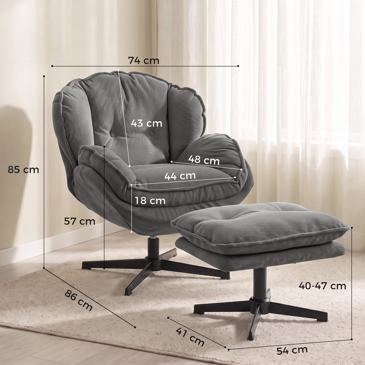 HOMCOM Armchair with Adjustable Footstool in Grey