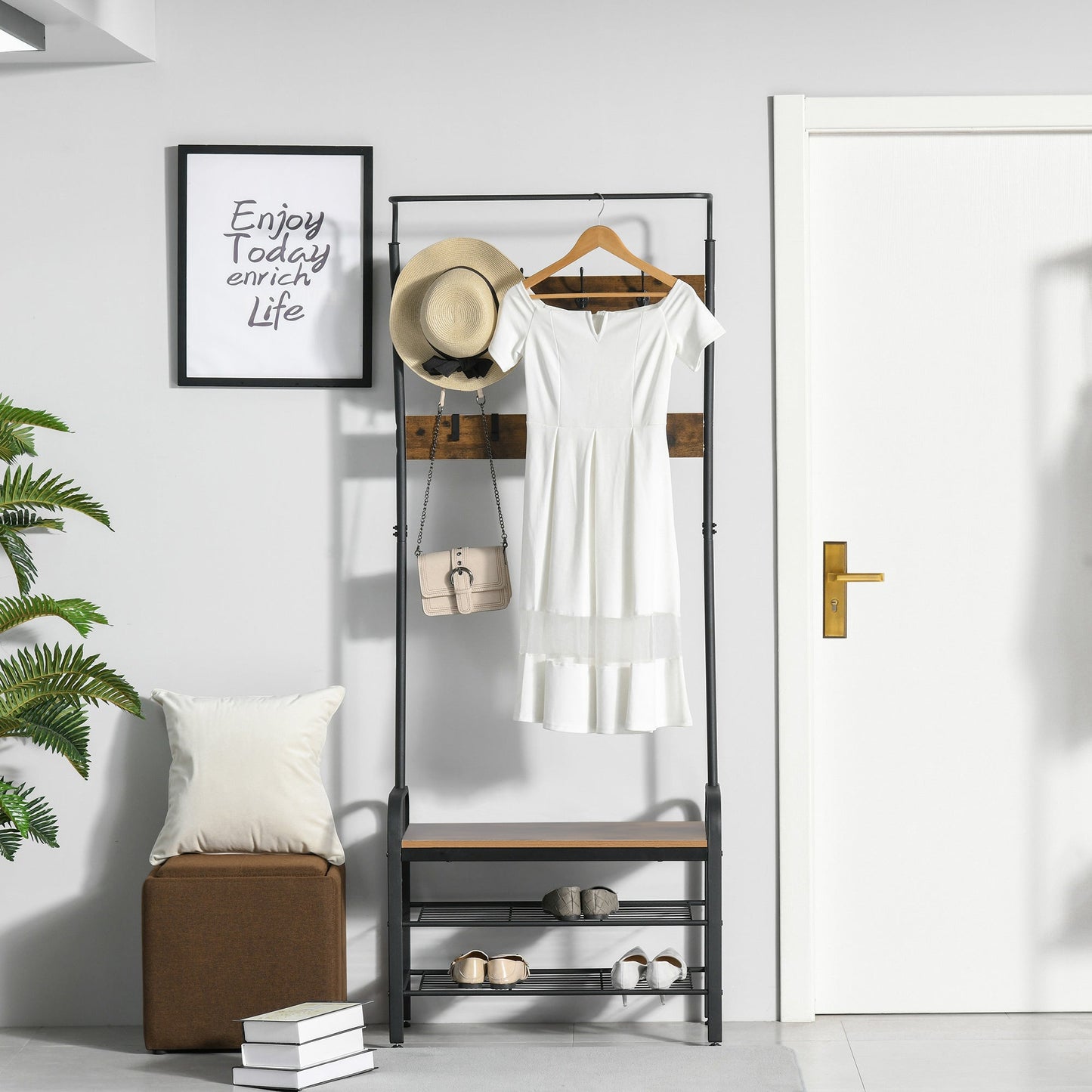 HOMCOM Coat Rack Stand Industrial hallway Shoe Rack Removable Hooks Metal Wood Hangers Storage Cabinet Rustic Brown 72L x 34W x 185H(cm)