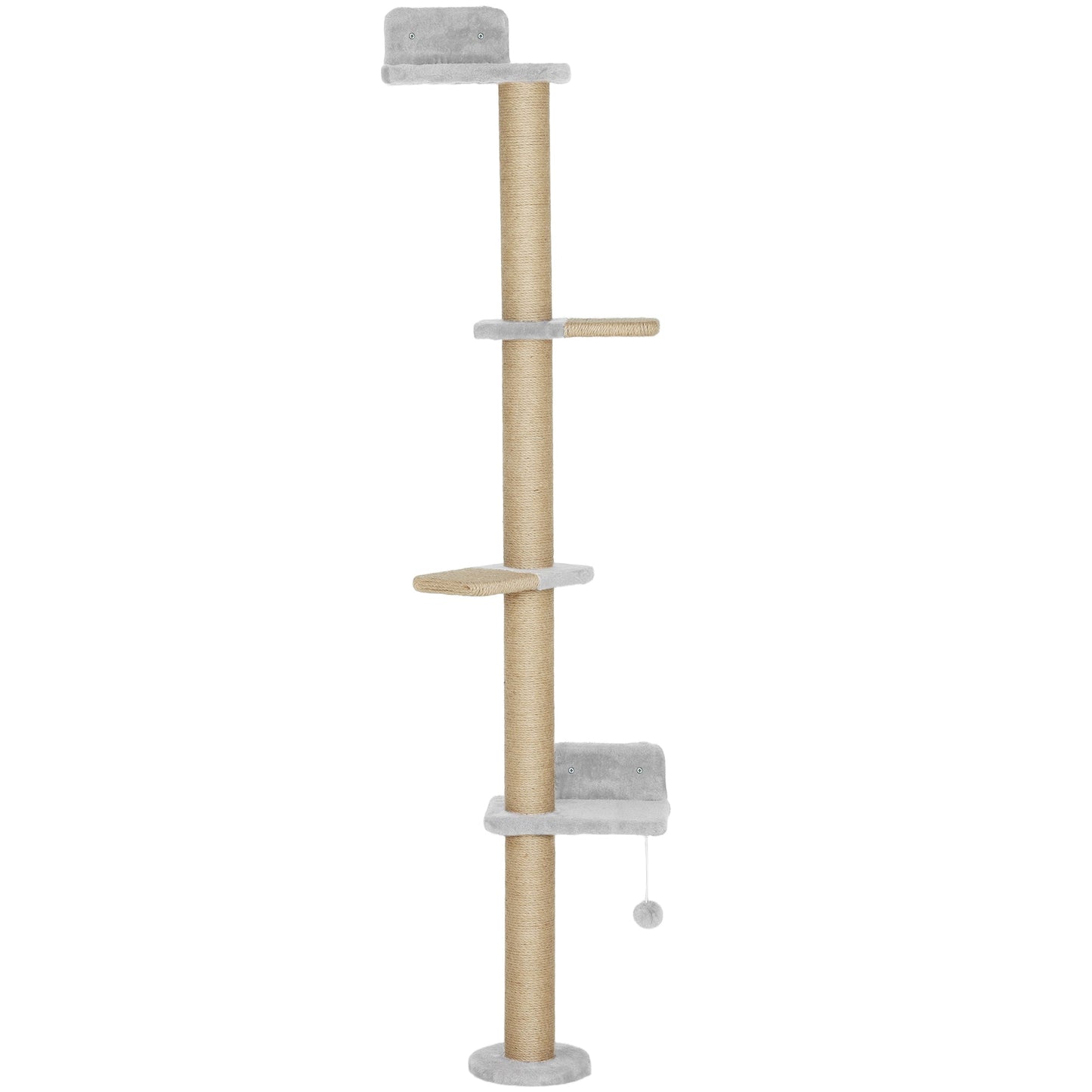 PawHut Wall Mounted Cat Shelves, Cat Climbing Wall with 4 Climbing Platforms, Jute Scratching Post and Toy Ball,180cm Tall, Light Grey