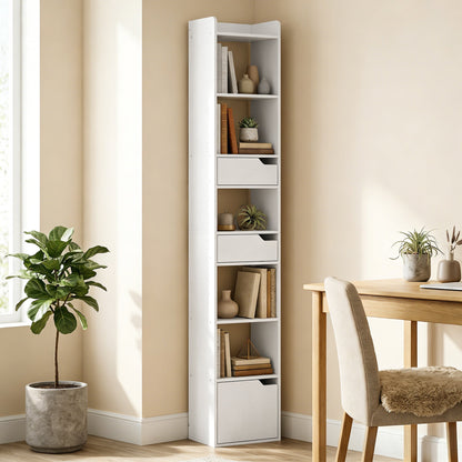 HOMCOM Bookcase Tall Narrow with 5 Tiers and Drawers Freestanding Bookshelf Storage Cabinet for Living Room White Wood Effect