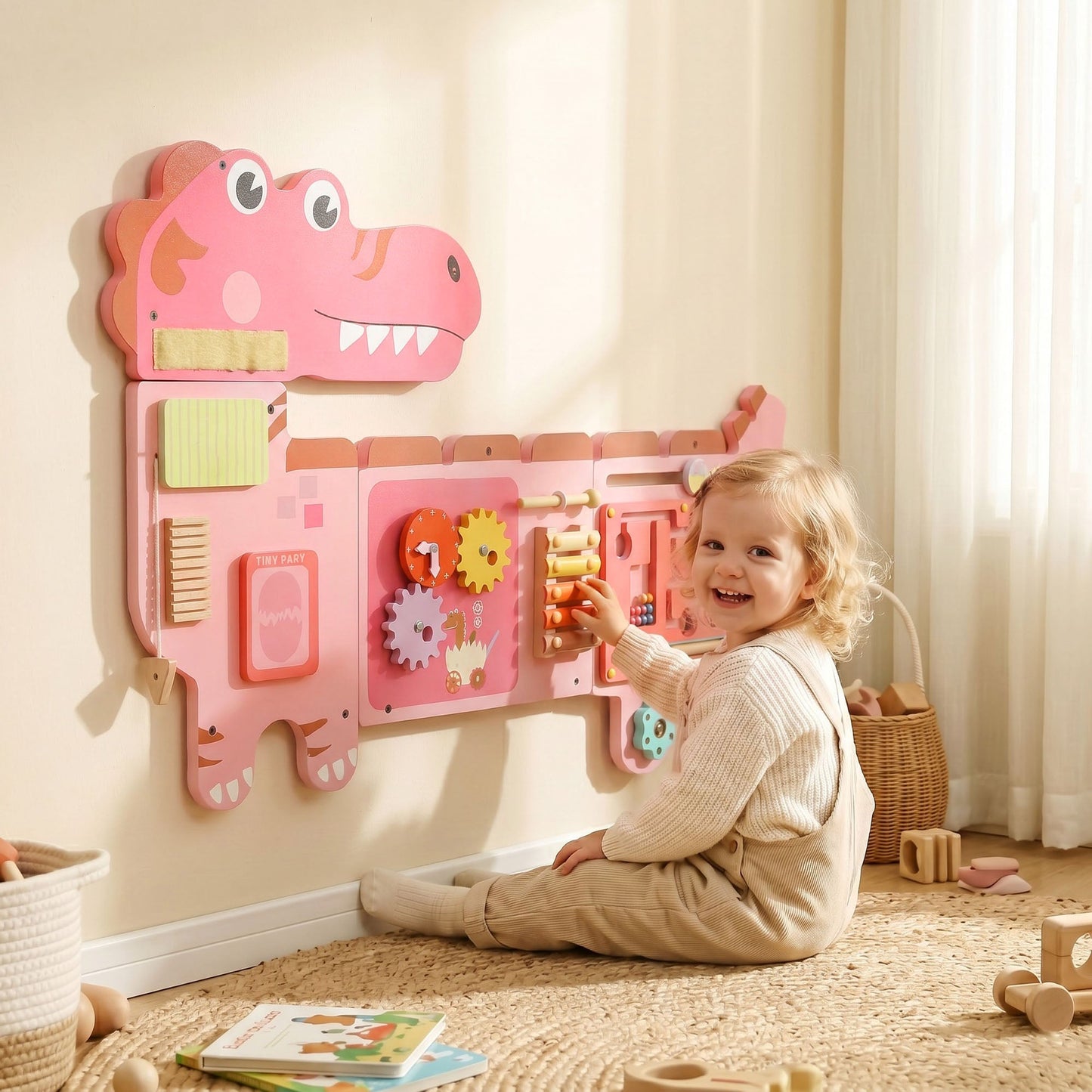 AIYAPLAY Busy Board Panels, Wall Mounted Montessori Inspired Busy Board, Toddler Learning Centre Dinosaur Theme, Pink