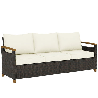 Outsunny 3 Seater Rattan Garden Sofa, PE Wicker Outdoor Sofa Wide Deep Seat, 4" Cushions, Wood-Effect Armrests Legs, Brown