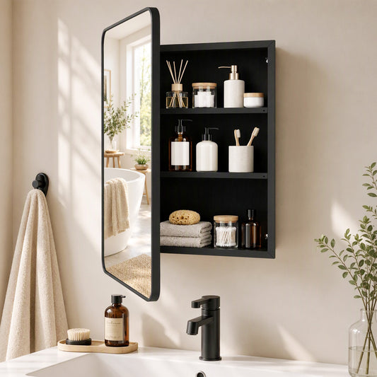 HOMCOM 50.8 x 11.6 x 71 cm Bathroom Mirror Cabinet, Wall Cabinet with Adjustable Shelves, Wall-Mounted or Recessed, Black