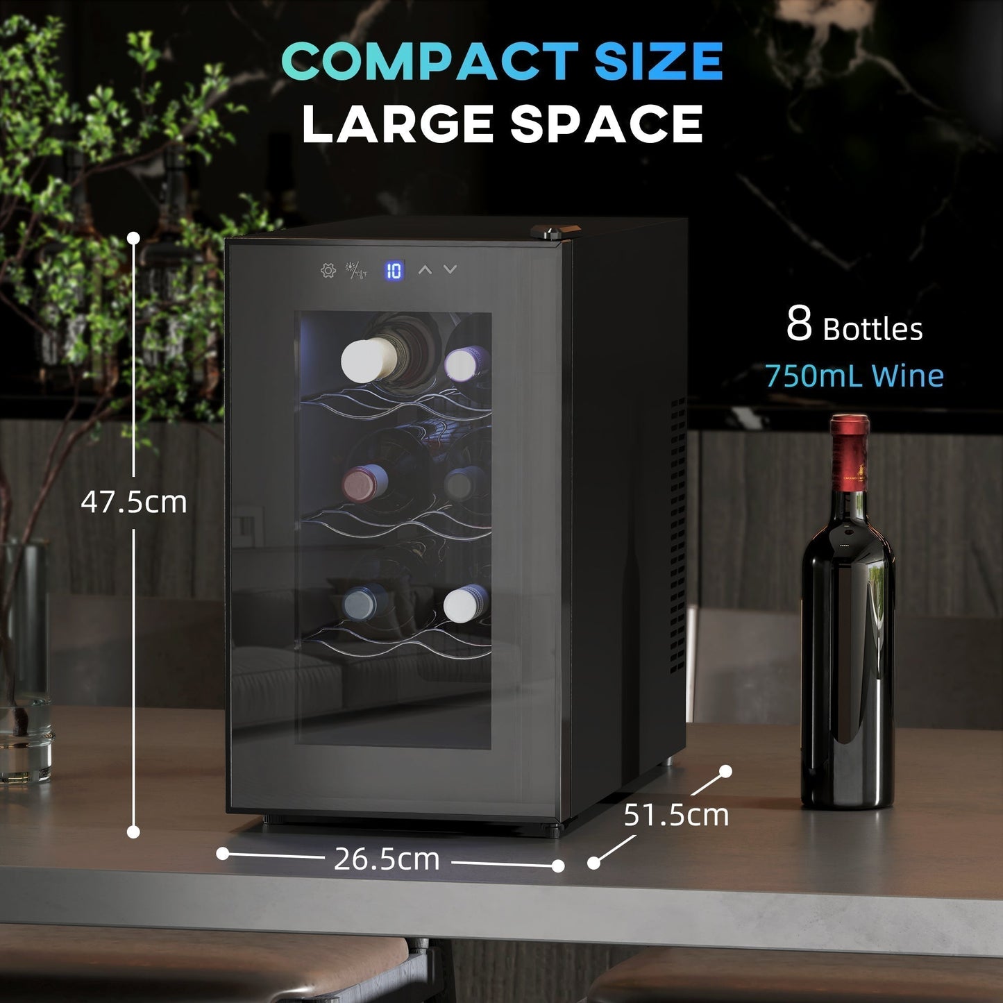 HOMCOM Mini Table Top Wine Fridge, 8 Bottle, 17L, 8-18 degrees C, 26.5cm Quiet Under Counter Wine Cooler Fridge with Glass Door, LED Light, Digital Touch Screen, Temperature Control