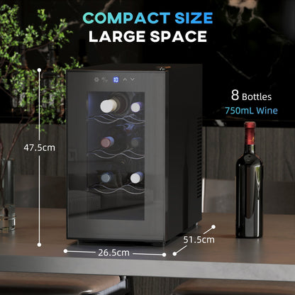 HOMCOM Mini Table Top Wine Fridge, 8 Bottle, 17L, 8-18 degrees C, 26.5cm Quiet Under Counter Wine Cooler Fridge with Glass Door, LED Light, Digital Touch Screen, Temperature Control