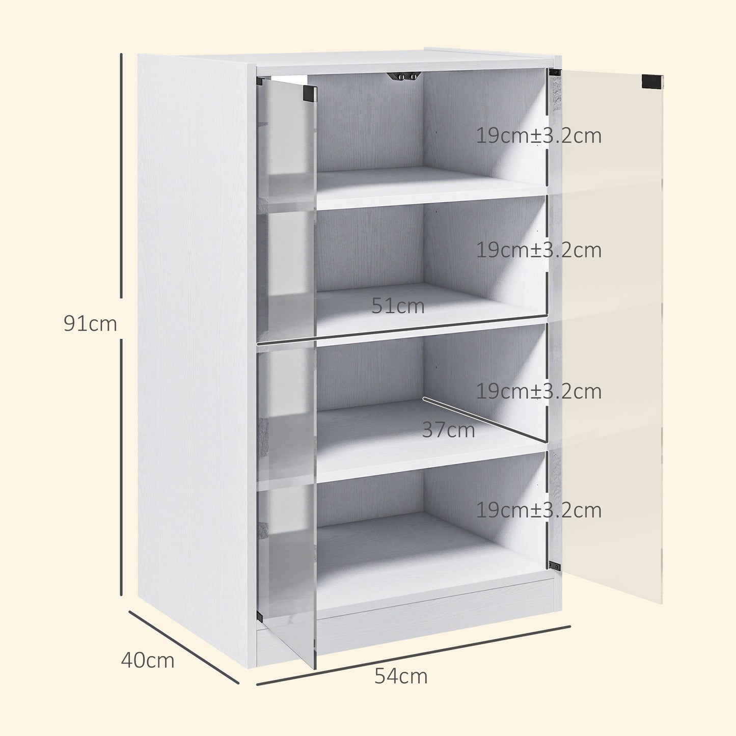 HOMCOM 4-Tier Hi-Fi Stand,  Record Player Stand with Adjustable Shelves and Push-to-Open Glass Doors, White Wood-Effect