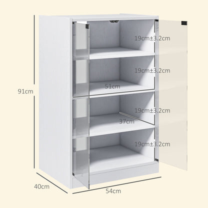 HOMCOM 4-Tier Hi-Fi Stand,  Record Player Stand with Adjustable Shelves and Push-to-Open Glass Doors, White Wood-Effect